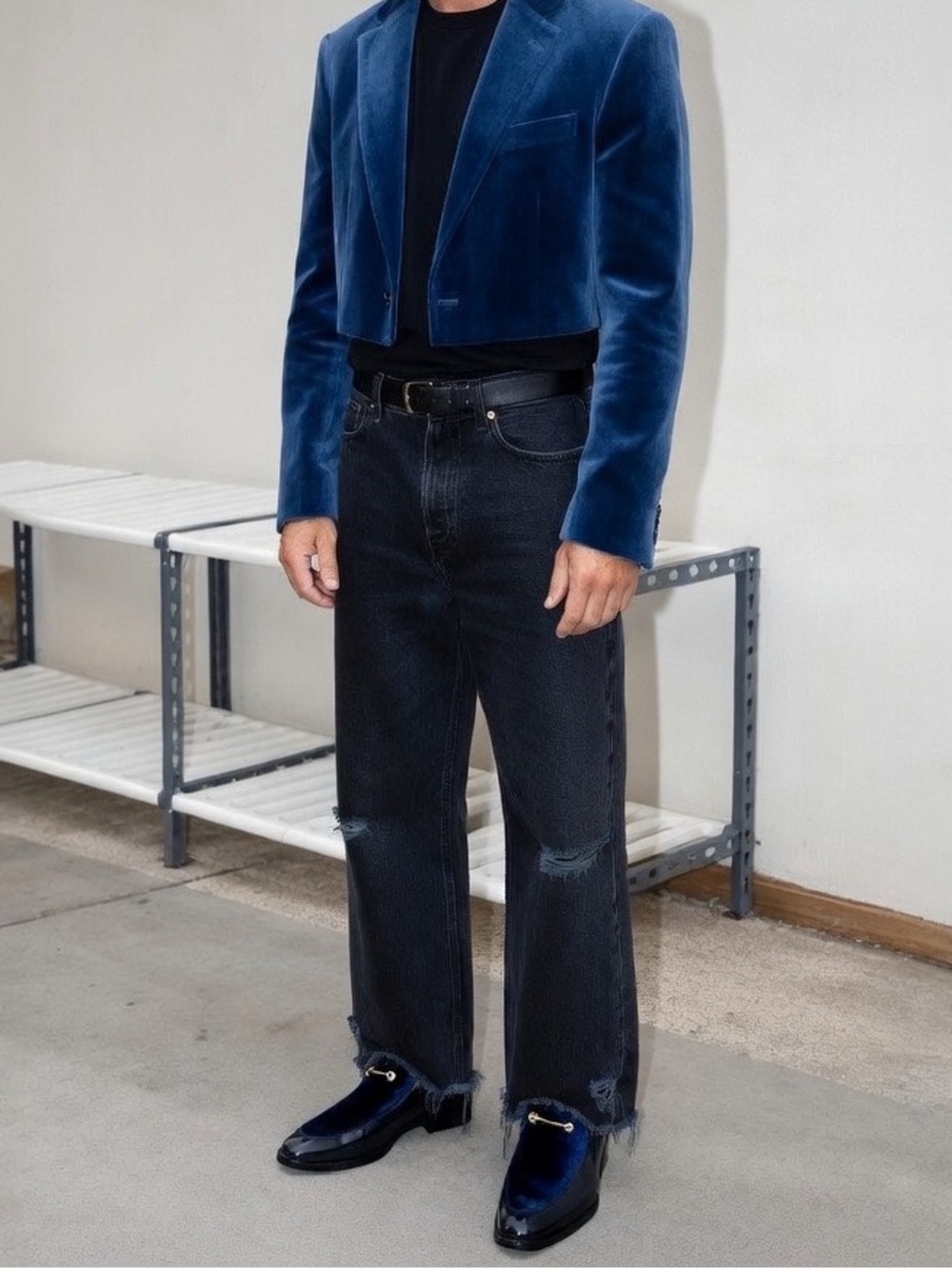 Mens sz 11 blue patent and velour loafers with gold detail